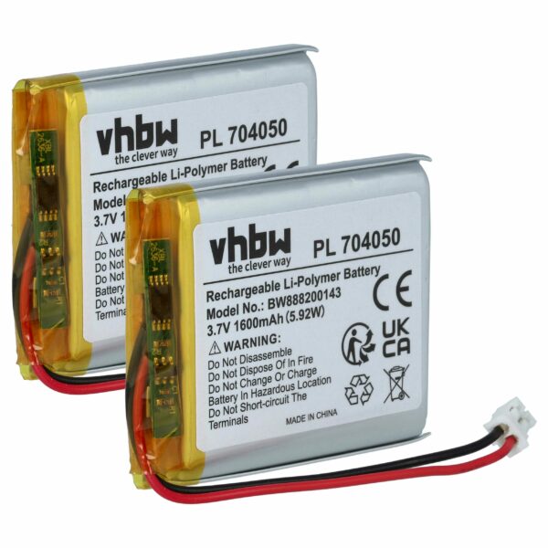 Bateria vhbw PN704050 para Fatboy - 1600 mAh, 3.7V Li-polímero (Conjunto de 2)