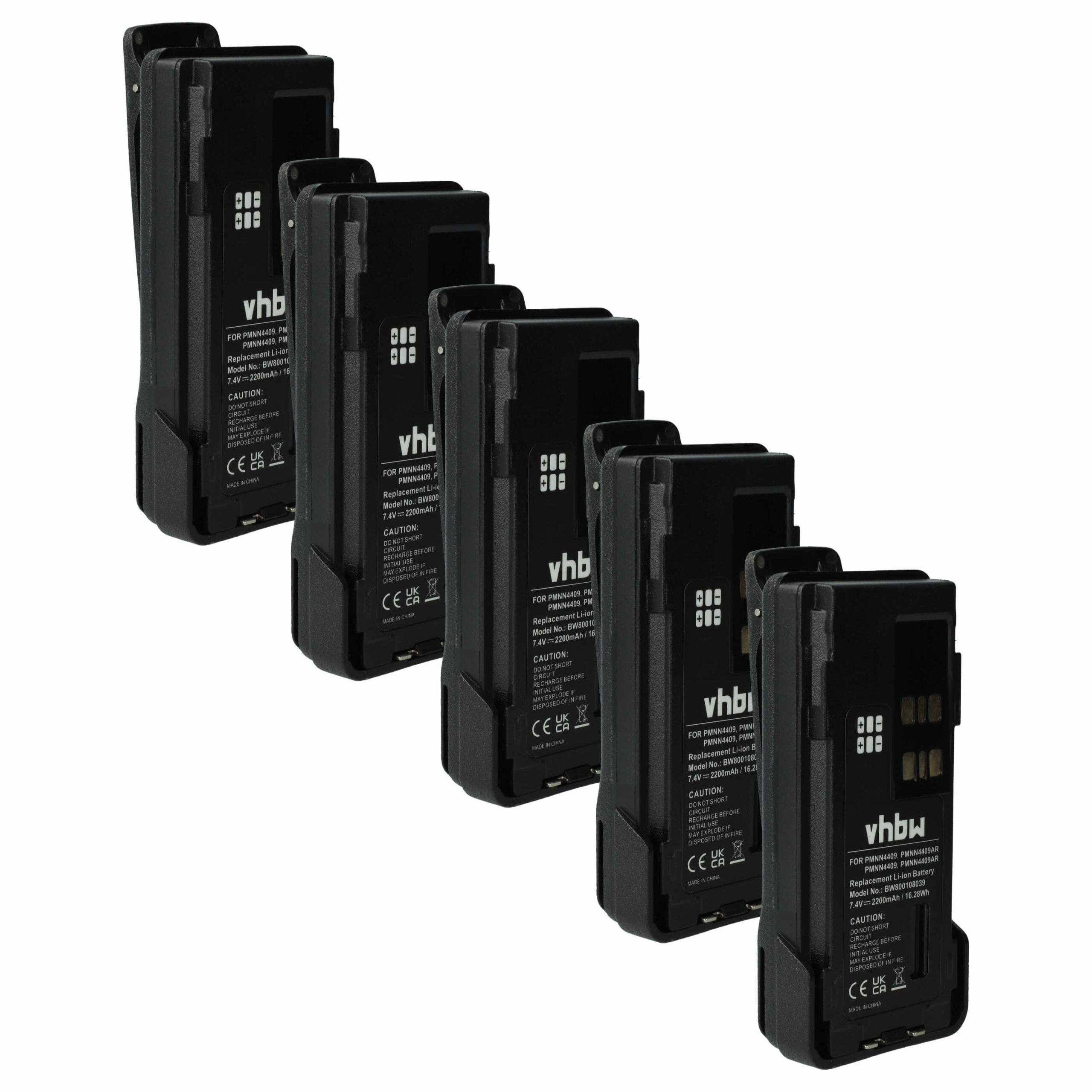 Bateria vhbw 5x para Rádio Motorola PMNN4406BR/PMNN4406/PMNN4409 - 2200 mAh 7.4 V Li-Ion + Clip de Cintura