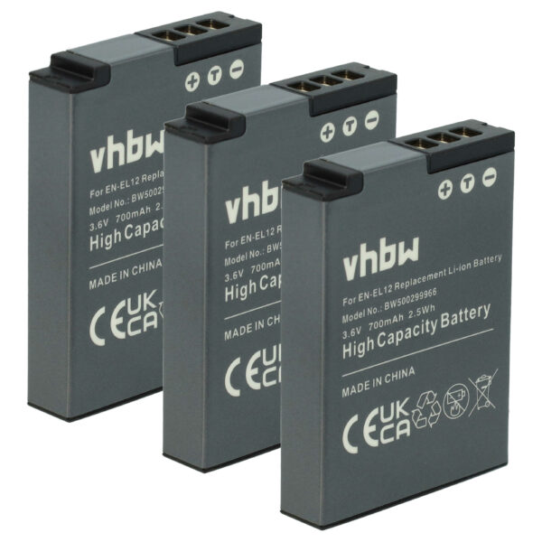 3x Bateria vhbw para Nikon EN-EL12 (700mAh, 3.6V, Li-Ion)