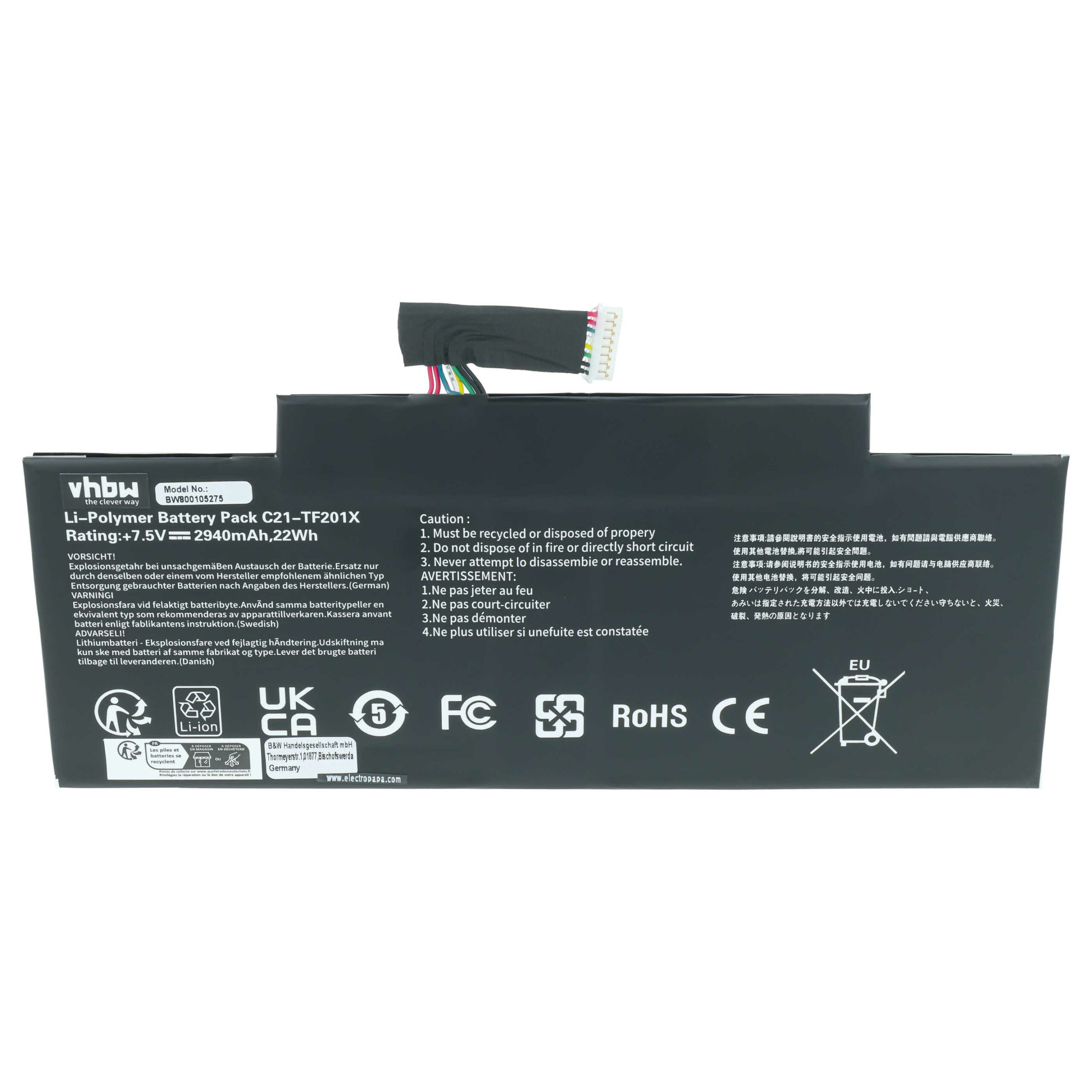 Bateria vhbw compatível com Asus C21-TF201X - 2900 mAh 7.5 V Li-polímero - Image 3
