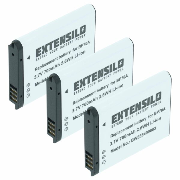 3x Bateria EXTENSILO para Samsung BP-70a, SLB-70A, EA-BP70A - 700mAh, 3.6V, Li-Ion