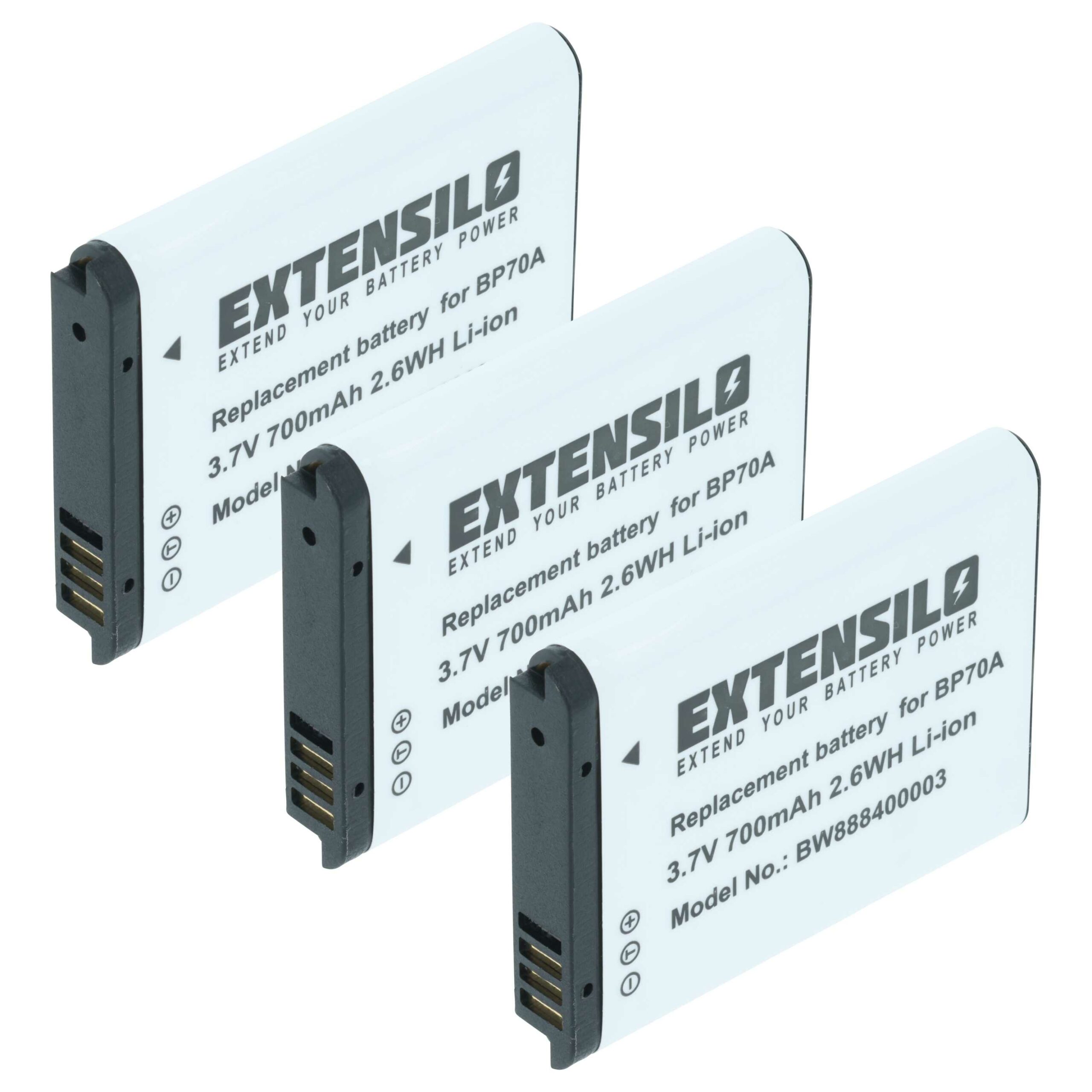 3x Bateria EXTENSILO para Samsung BP-70a, SLB-70A, EA-BP70A - 700mAh, 3.6V, Li-Ion
