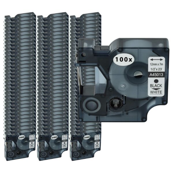 100x Fita de Etiquetas vhbw para Dymo S0720530, 45013, D1 - 12 mm Preto sobre Branco