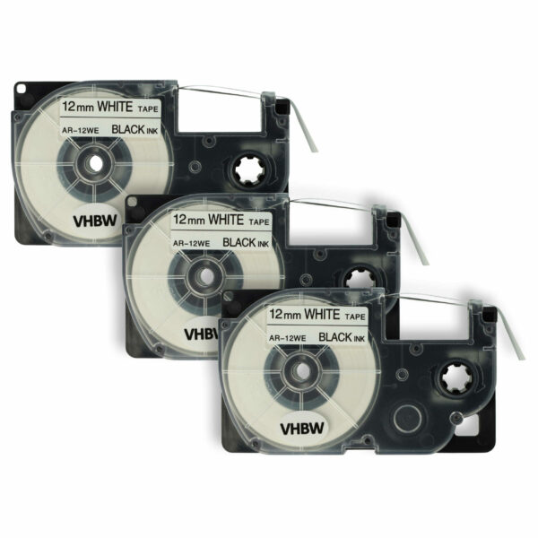 Pack com 3x Fitas de Etiquetas Compatíveis com Casio XR-12WE, XR-12WE1 - 12 mm Preto sobre Branco