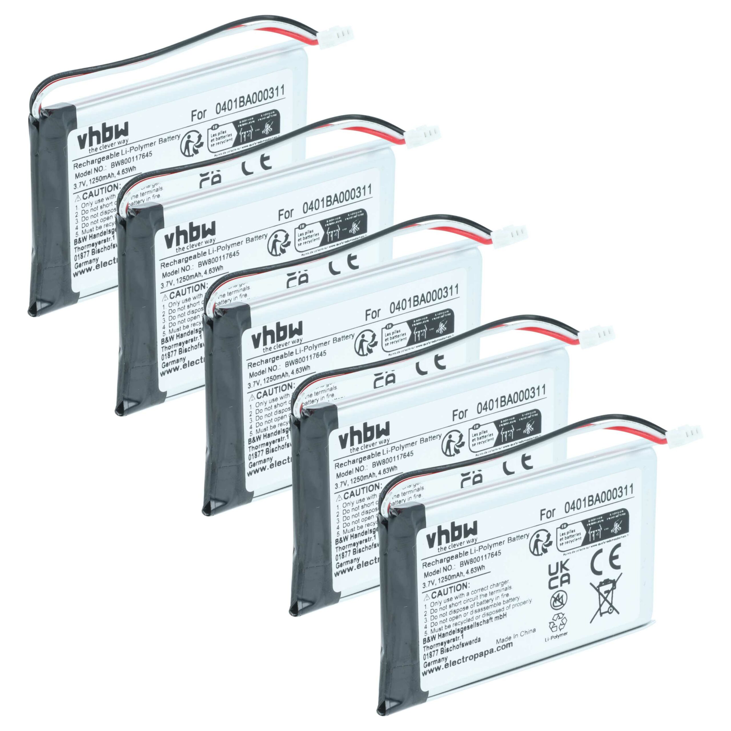 Bateria de Substituição vhbw para Comando Elca 0401BA000311 - 1250 mAh 3.7 V Li-polymer (Pack 5x)