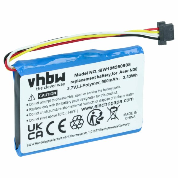 Bateria vhbw para GPS Acer, Navman, Typhoon, Yakumo, BlueMedia - 900mAh, 3.7V