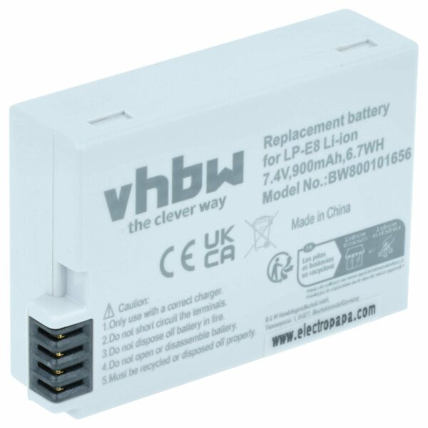 Bateria vhbw compatível com Canon LP-E8 - 900mAh, 7.2V, Li-Ion