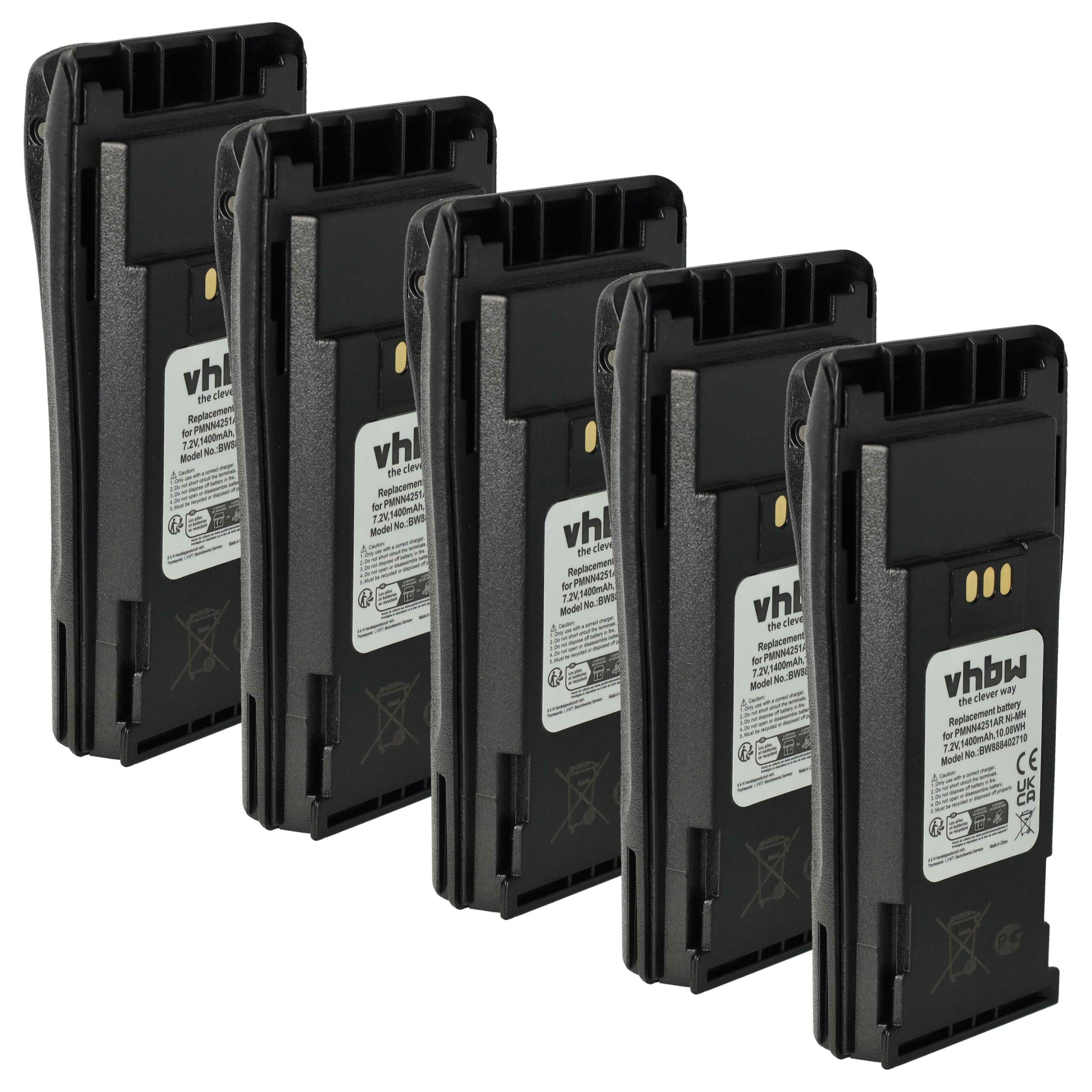 Bateria vhbw 5x para Rádio Motorola NNTN4497A/NNTN4496 - 1400 mAh 7.2V NiMH + Clip de Correia