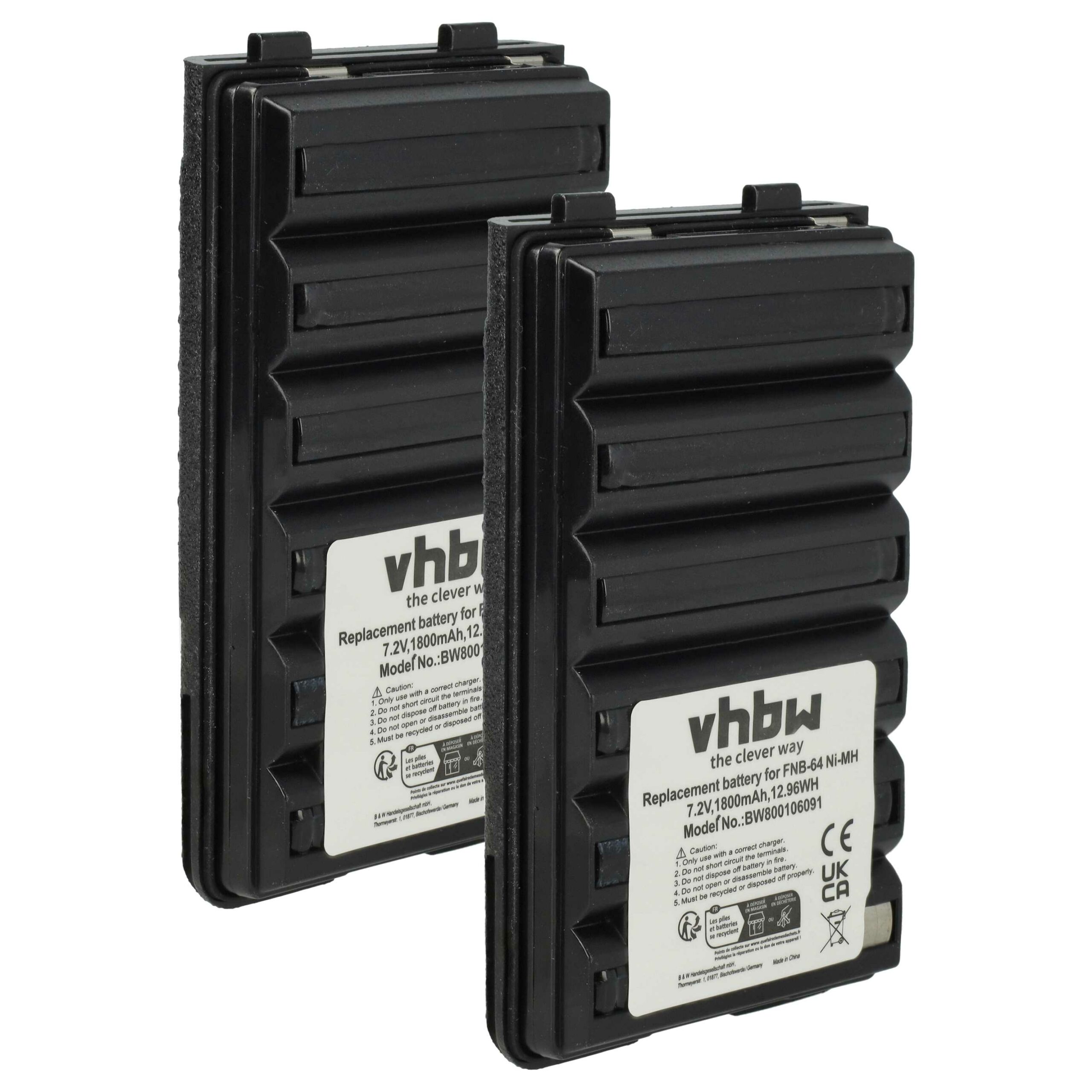 Bateria vhbw 1800 mAh 7.2 V NiMH para Rádios Yaesu Vertex FNB-64H, FNB-57, FNB-64, FNB-83 - Pack 2x