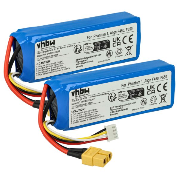 Bateria para Drone DJI Phantom 1 / Walkera Runner 250 - vhbw 2250 mAh 11.1 V (2x Baterias)
