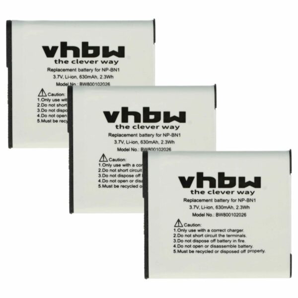 3x Bateria de substituição Sony NP-BN1 - 600mAh, 3.6V, Li-Ion (vhbw)