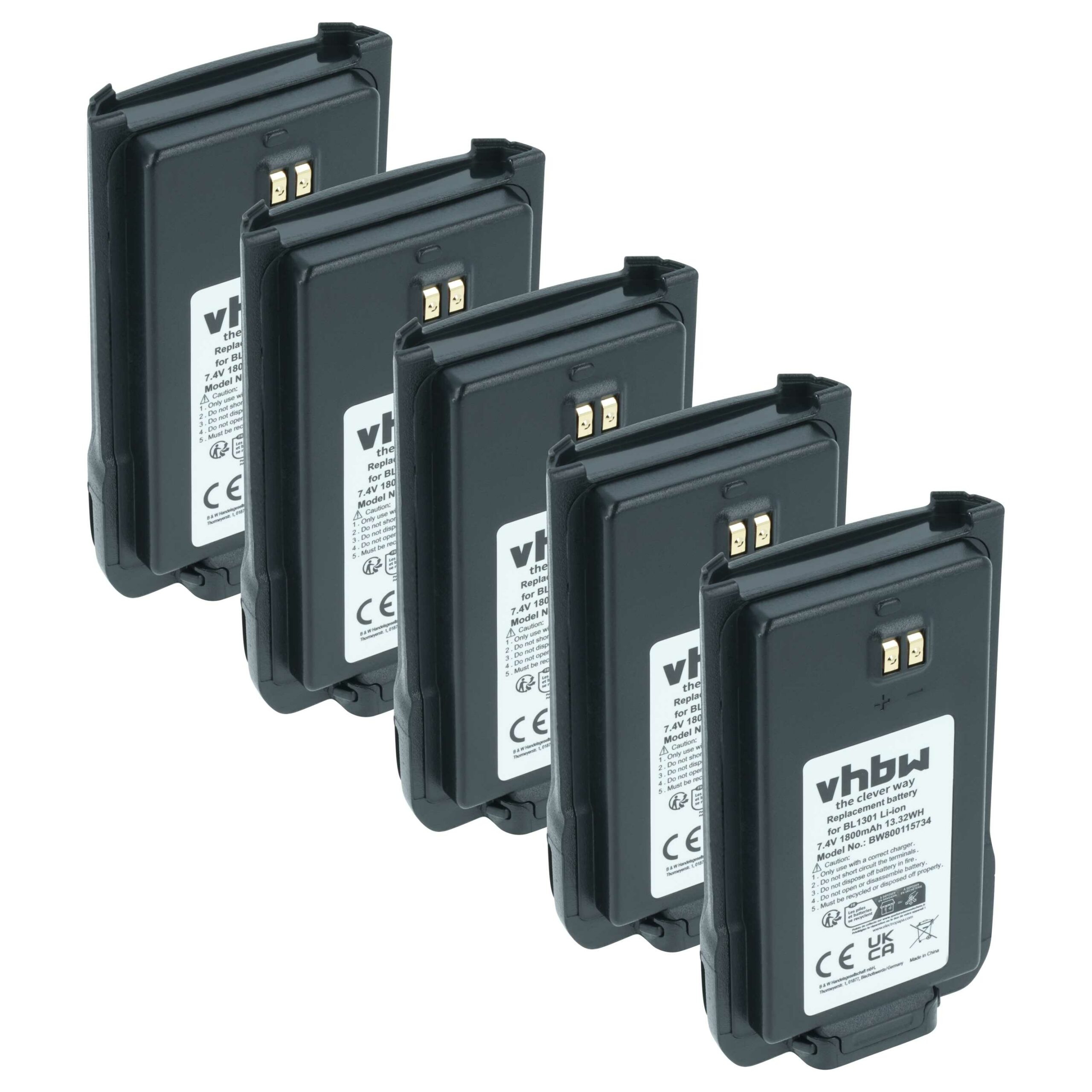 Bateria vhbw para Rádios Hytera HYT - Substitui BL2407, BL1301, BL1719 - 1800 mAh 7.4 V Li-Ion (Pack 5x)