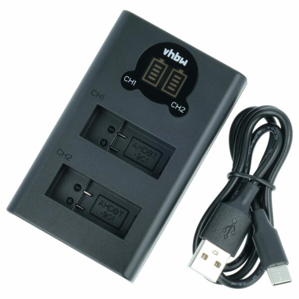 Carregador Duplo Micro-USB + USB-C para GoPro Hero 9, 10 com Cabo USB-C - vhbw