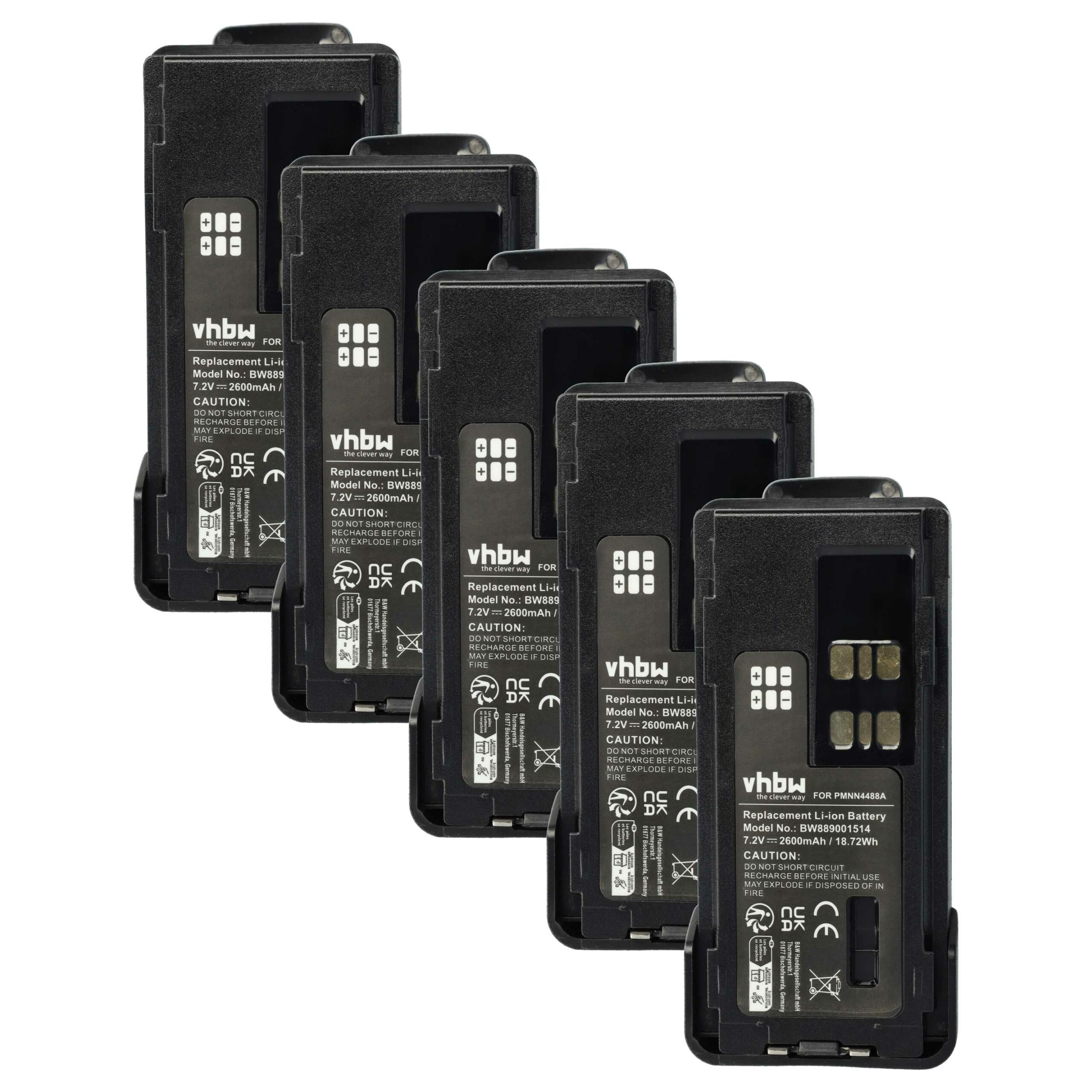 Bateria vhbw 5x para Rádios Motorola PMNN4416, PMNN4415AR, PMNN4415, PMNN441 - 2600 mAh 7.4V Li-Ion com Clipe de Cinto