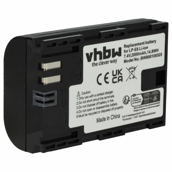Bateria vhbw substitui Canon LP-E6 - 2000mAh, 7.2V, Li-Ion com Chip Info
