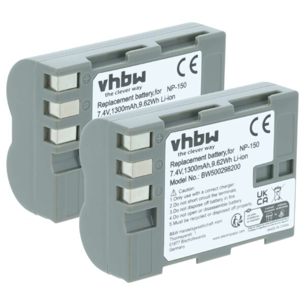 2x Bateria vhbw para Fuji NP-150 - 1300mAh, 7.2V, Li-Ion