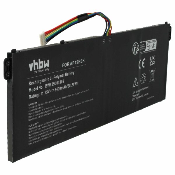 Bateria vhbw para Acer (KT0030G022, KT00304013, AP19B8K, AP18C4K) - 3400 mAh 11.25 V Li-polímero, preta