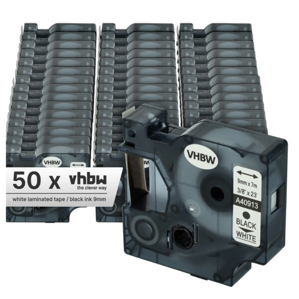 Pack 50x Fita de Etiquetas Compatível Dymo S0720680, 40913, D1 - 9 mm Preto sobre Branco