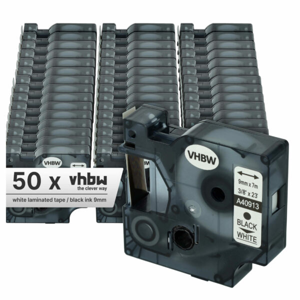 Pack 50x Fita de Etiquetas Compatível Dymo S0720680, 40913, D1 - 9 mm Preto sobre Branco