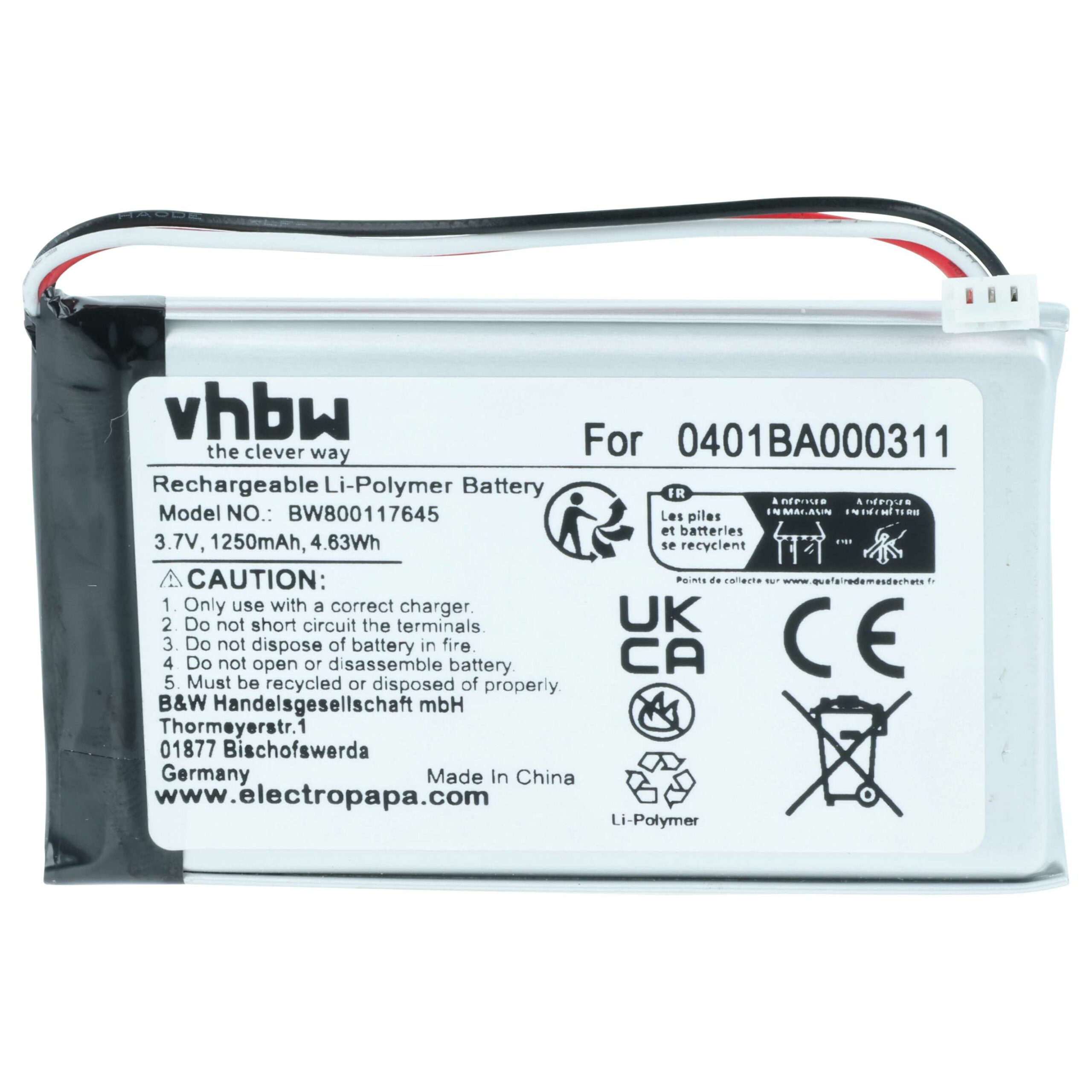 Bateria de Substituição vhbw para Comando Elca 0401BA000311 - 1250 mAh 3.7 V Li-polymer (Pack 5x) - Image 3