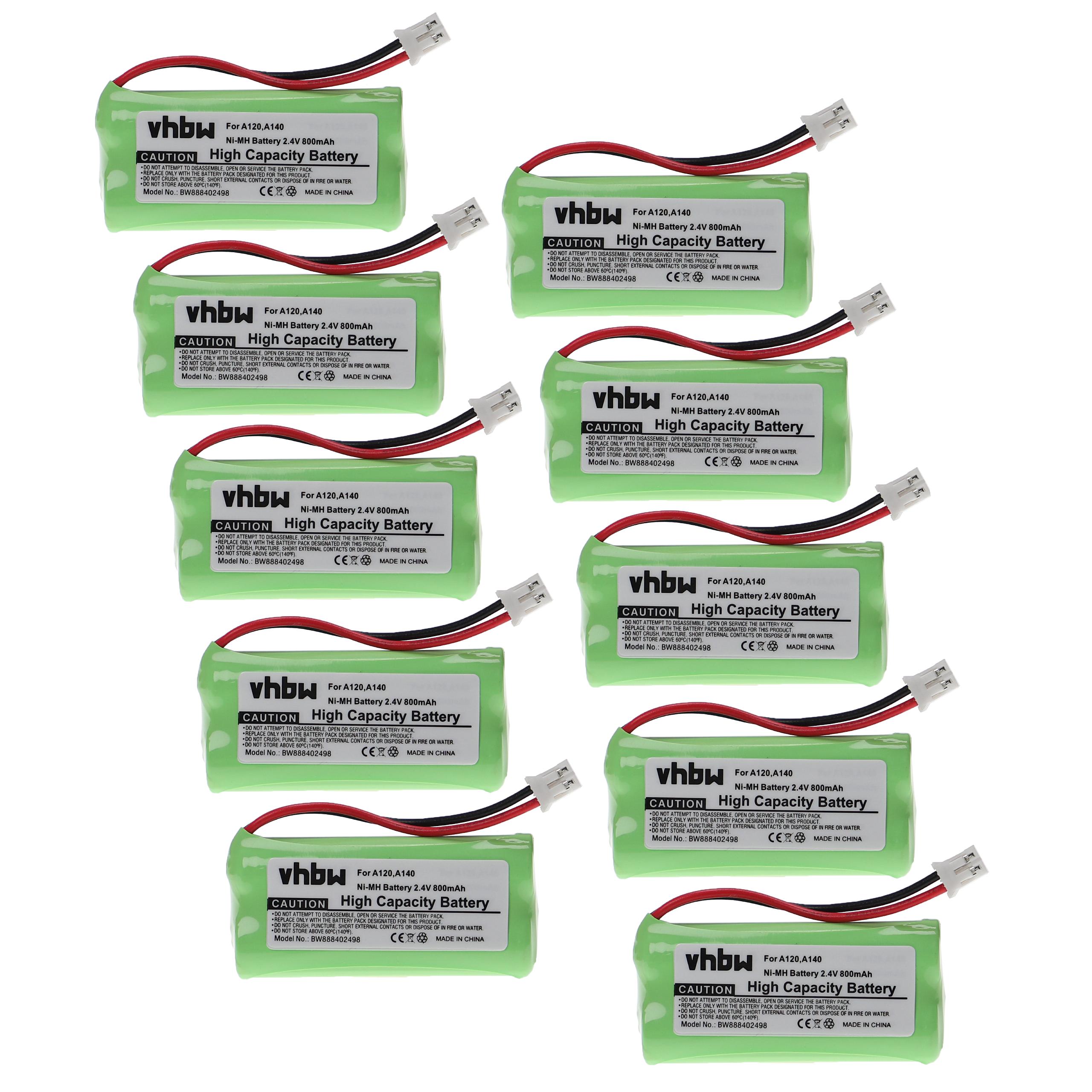 10x Bateria vhbw 800 mAh 2.4V NiMH para Telefones Fixos T-Com, Siemens, Universum DECT