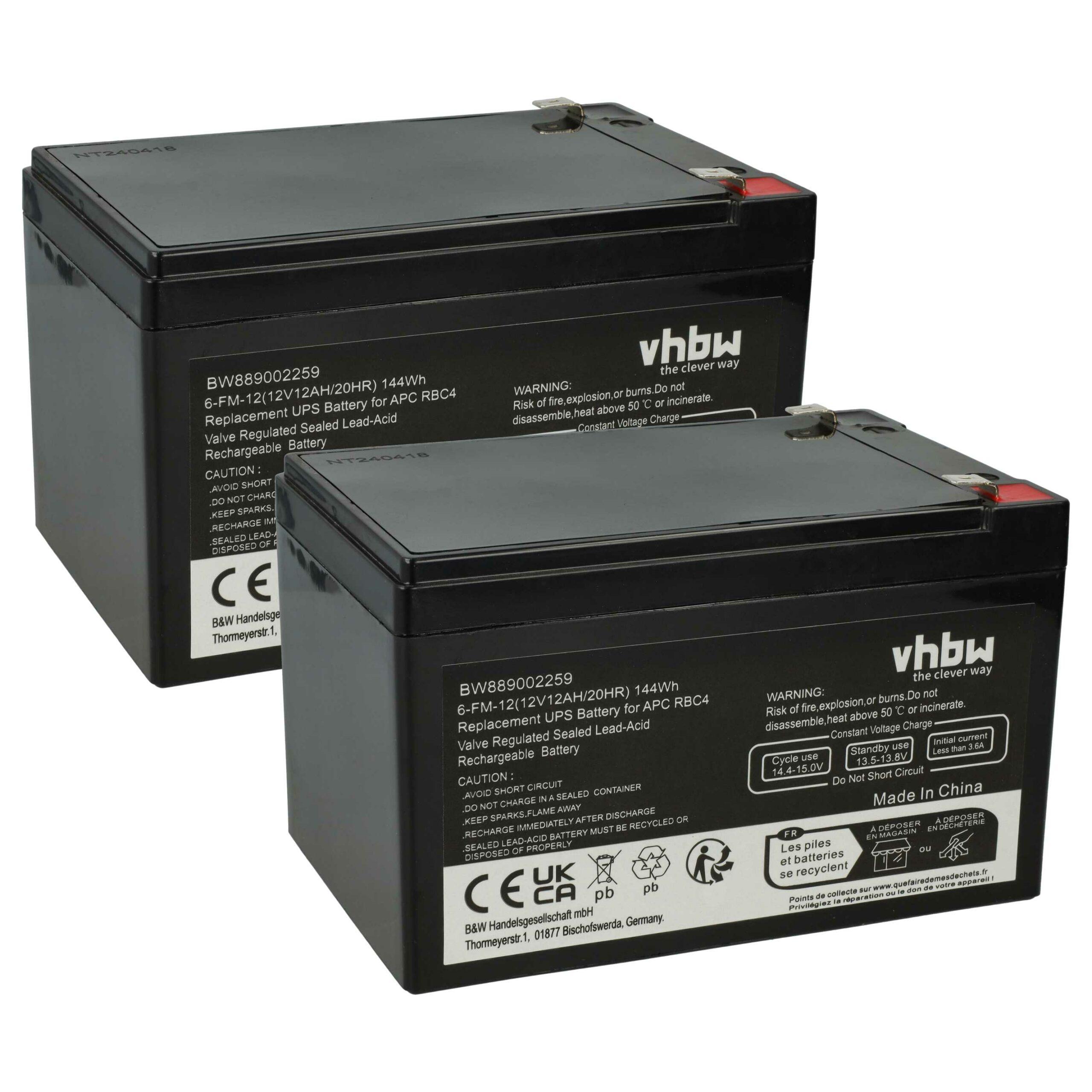 Bateria de Substituição vhbw 2x 12V 12Ah AGM para UPS APC RBC4 e VISRBC4