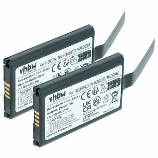 2x Bateria vhbw para Datalogic 11300794, 3H21-00000370 - Scanner POS - 1000 mAh 3.7 V