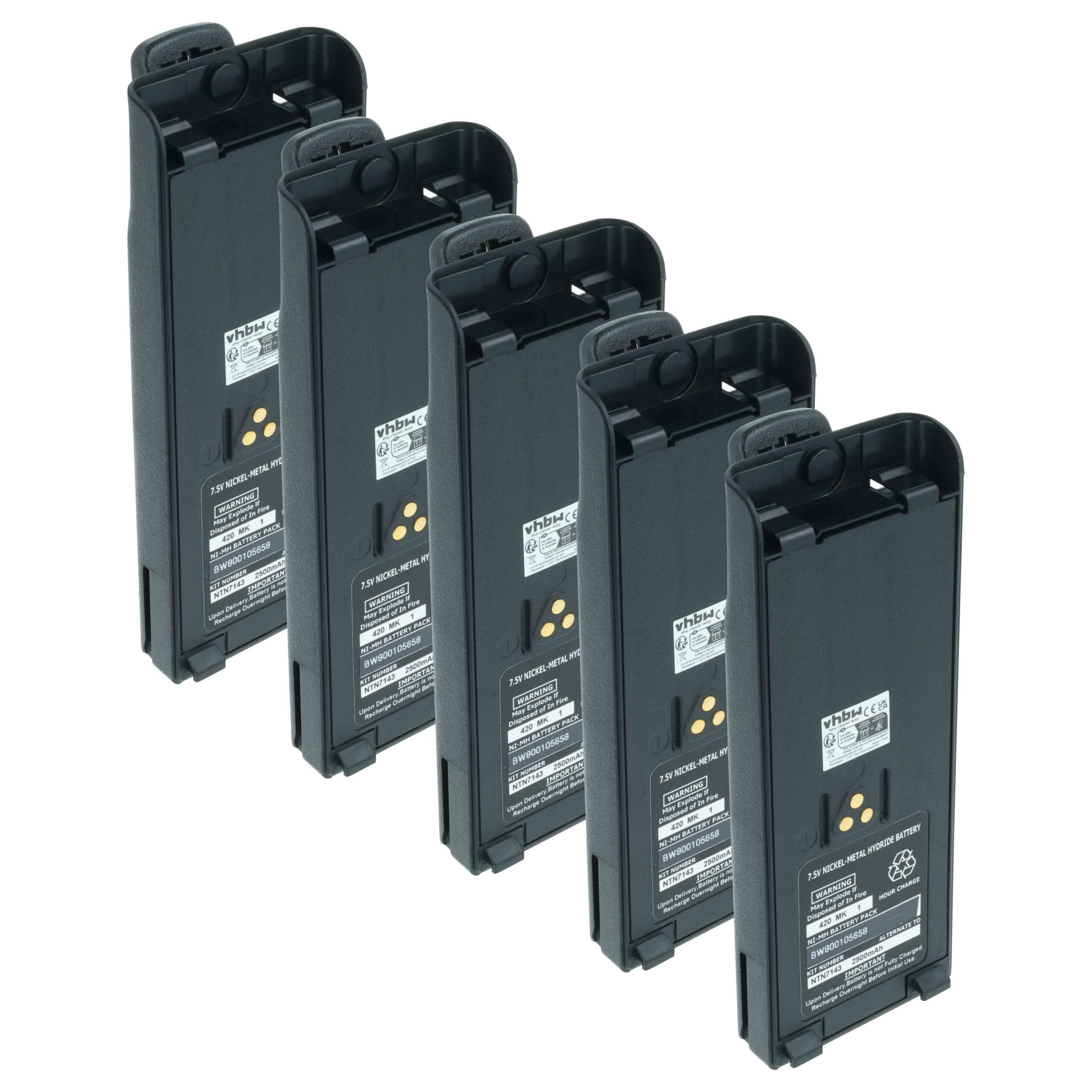 Bateria vhbw 5x para Motorola NTN7143, NTN7143CR, NTN7143B, NTN7143A - 2500 mAh 7.5 V NiMH + Clip de Cintura