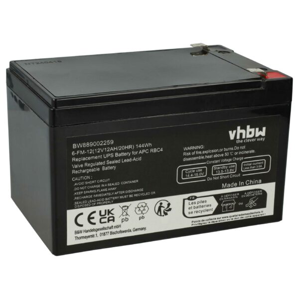 Bateria UPS vhbw substitui APC RBC4, VISRBC4 - 12 Ah 12 V AGM