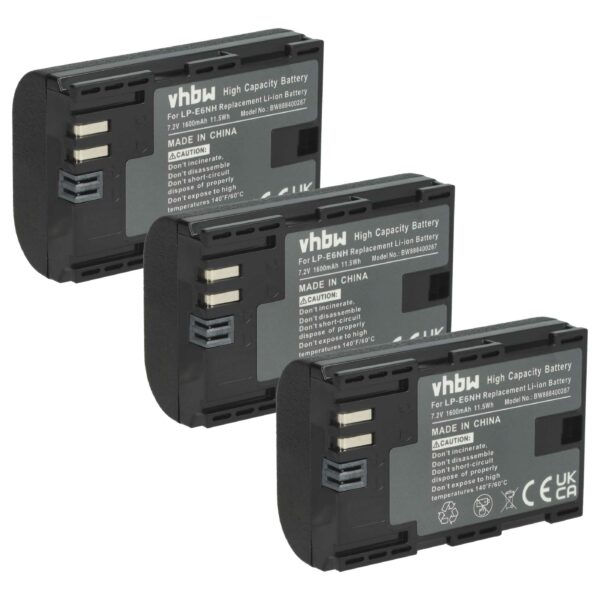 3x Bateria vhbw substitui Canon LP-E6, LP-E6NH - 1600mAh, 7.2V, Li-Ion