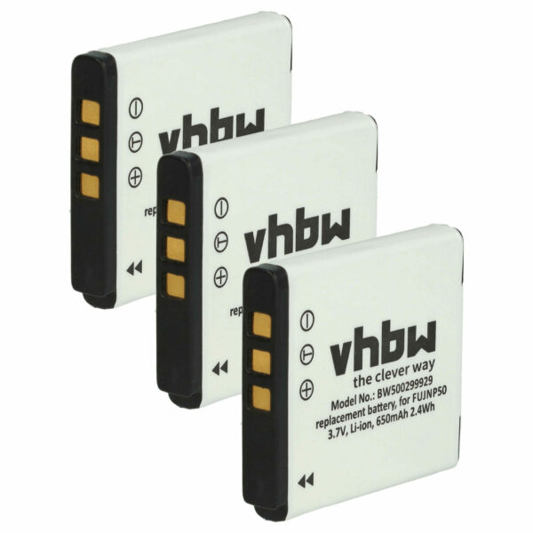 Pack 3x Bateria vhbw NP-50 para Fujifilm e Kodak - 650mAh, 3.6V, Li-Ion