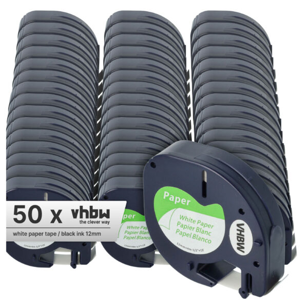 50x Fita de Etiquetas vhbw Compatível com Dymo S0721520, 91200 - 12 mm Preto sobre Branco