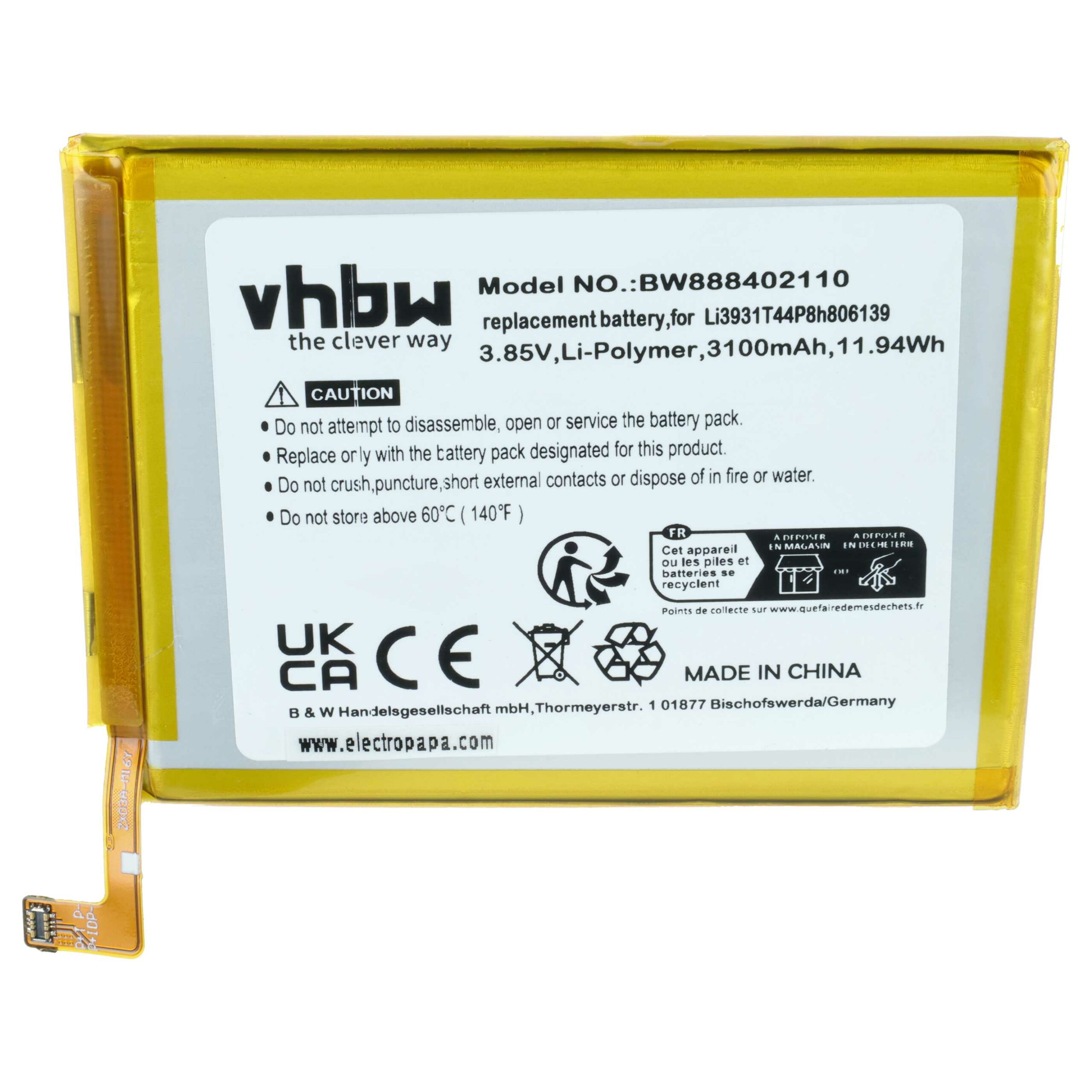 Bateria para ZTE Li3931T44P8h806139 - 3100 mAh 3.85 V Li-polymer vhbw - Image 3