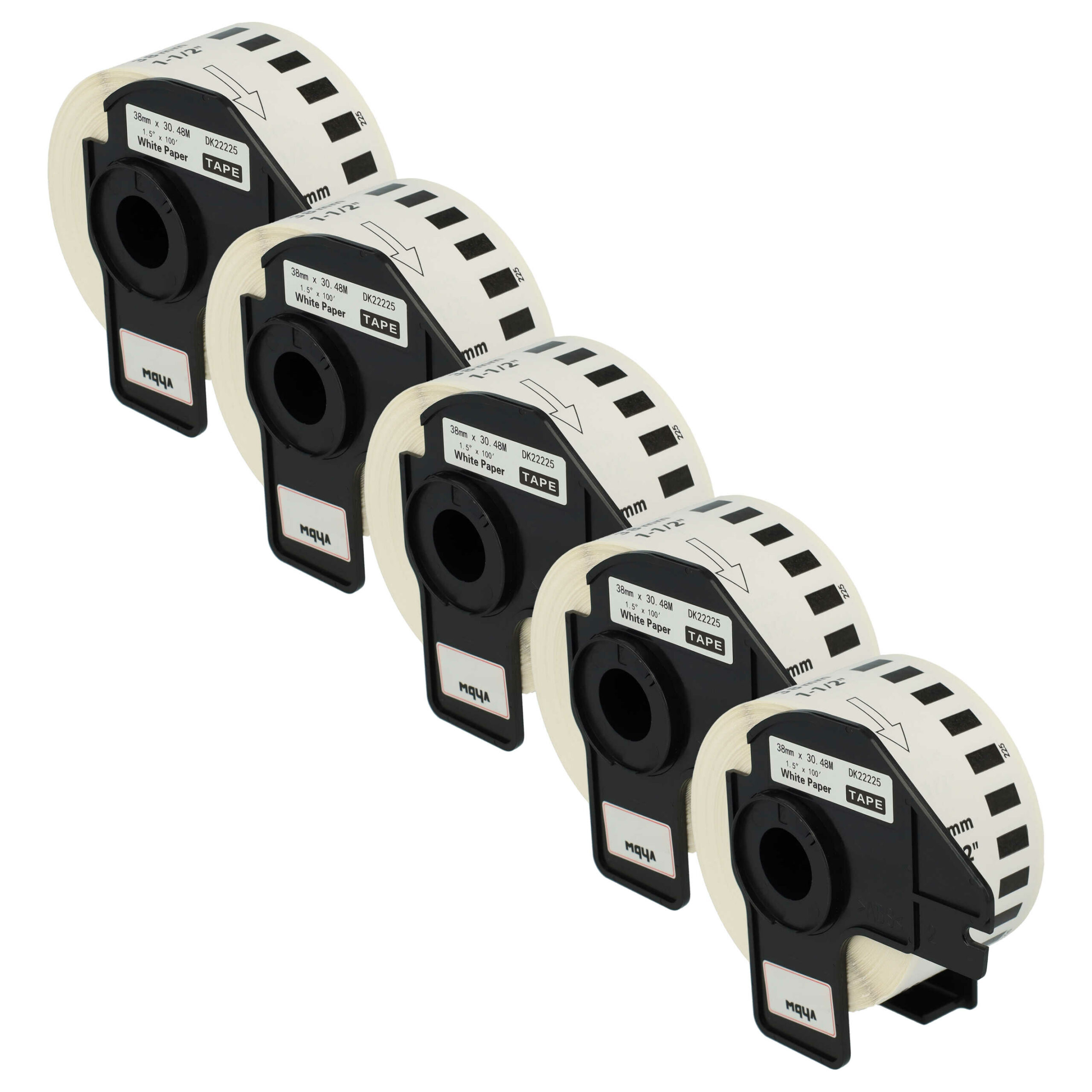 5x Rolo de Etiquetas vhbw Compatível com Brother DK-22225 - 38 mm x 30,48 m + Suporte