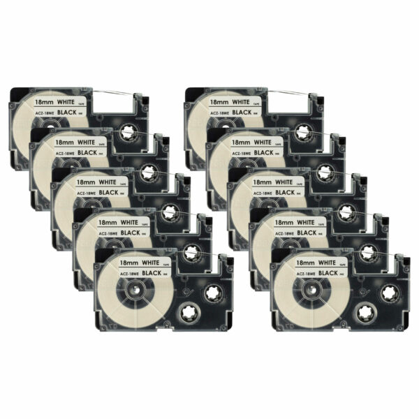 10x Fita de Etiquetas Compatível com Casio XR-18WE, XR-18WE1 - 18 mm Preto sobre Branco