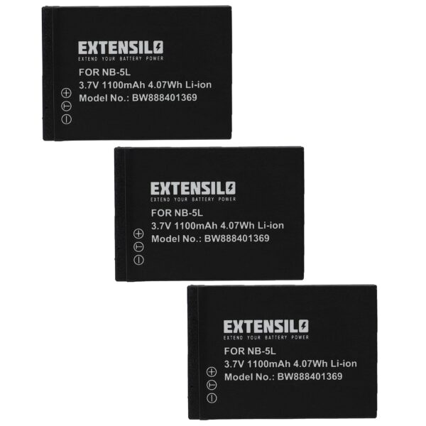 Pack 3x Bateria EXTENSILO NB-5L para Canon - 1100mAh, 3.7V, Li-Ion