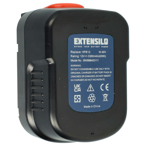 Bateria EXTENSILO para Black & Decker A12EX, A1712, A12-XJ, A12, A12E - 3300 mAh, 12V, NiMH