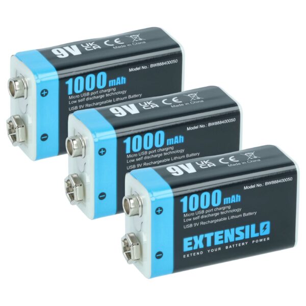 Bateria Bloco 9V Extensilo 3x 1Ah 9V Li-Ion com Porta Micro USB para Sistemas de Alarme Daitem BATV13