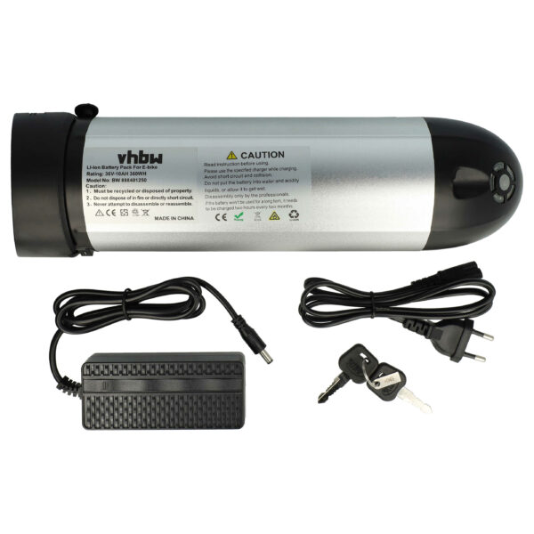 Bateria E-Bike vhbw 36V 10Ah Li-Ion para Motores 200-350W com Carregador Preto / Prateado