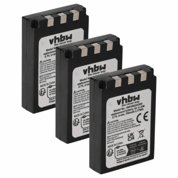 3 Baterias vhbw Li-Ion 750mAh 3.7V compatíveis com Olympus Li-12B, Li-10B