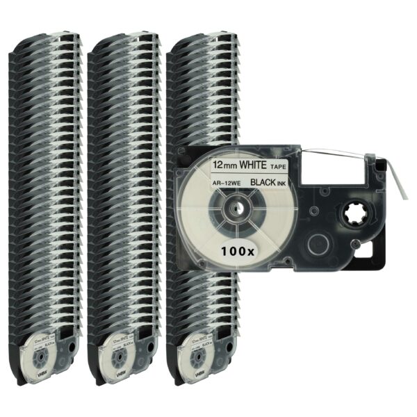 Fita de Etiquetas 12 mm Preta sobre Branco - Compatível com Casio XR-12WE / XR-12WE1 (Pack 100x)