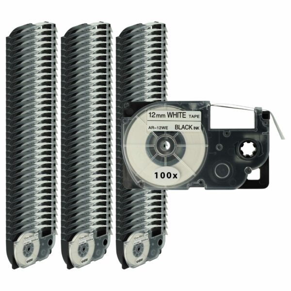 Fita de Etiquetas 12 mm Preta sobre Branco - Compatível com Casio XR-12WE / XR-12WE1 (Pack 100x)
