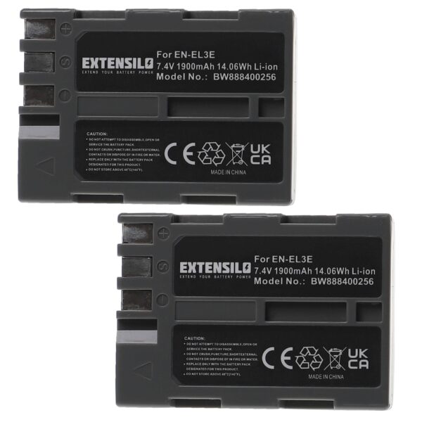 2x Bateria EXTENSILO compatível Nikon EN-EL3e - 1900mAh, 7.4V, Li-Ion