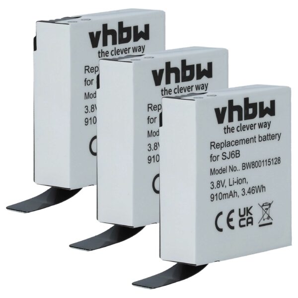 Bateria vhbw 3x Compatível SJCam SJ6B - 910 mAh 3.8 V Li-Ion
