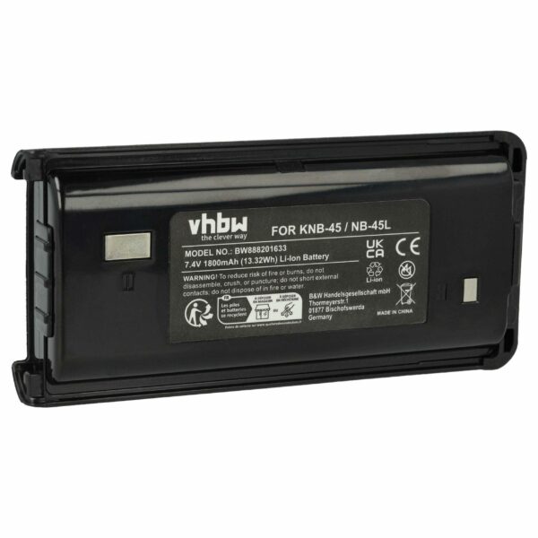 Bateria para Rádio Kenwood KNB-45, KNB-45L, KNB-45Li - 1800 mAh 7.4 V Li-Ion vhbw