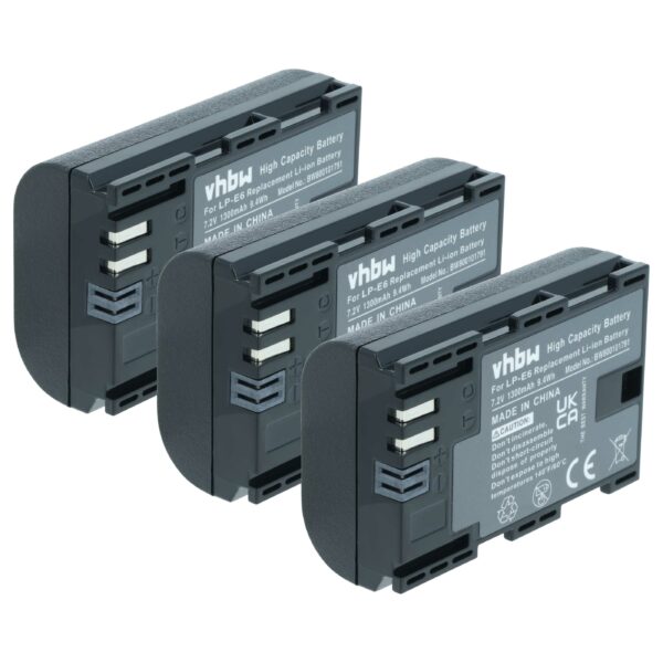 3x Bateria substitui Canon LP-E6 - 1300mAh, 7.4V, Li-Ion com Chip de Informação