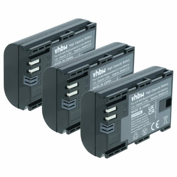 3x Bateria substitui Canon LP-E6 - 1300mAh, 7.4V, Li-Ion com Chip de Informação