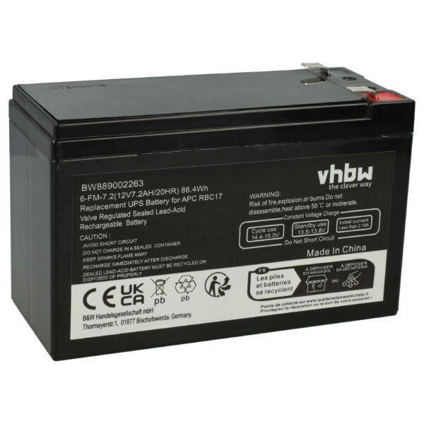 Bateria UPS vhbw compatível com APC RBC17 - 12 V 7.2 Ah AGM