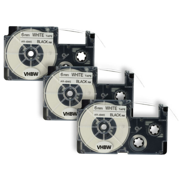 3x Fita de Etiquetas vhbw para Casio XR-6WE, XR-6WE1 - 6 mm Preto sobre Branco
