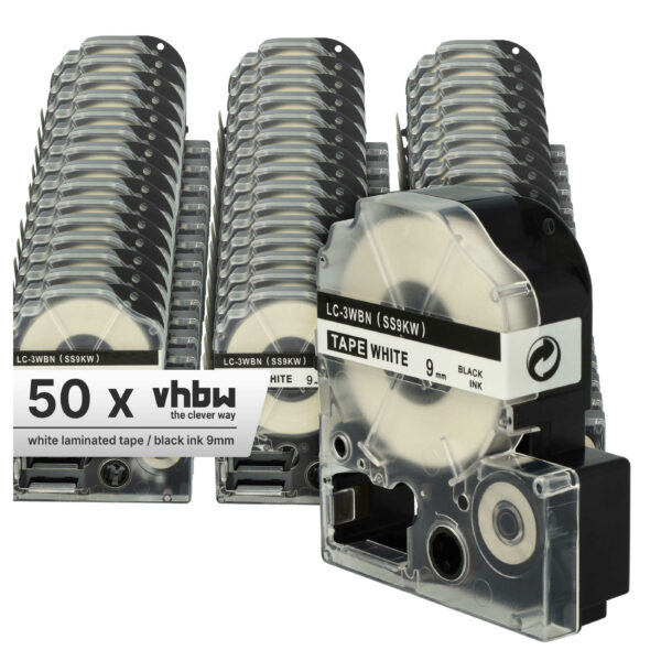 50x Fita para Etiquetadora vhbw substitui Epson LC-3WBN - 9 mm Preto sobre Branco